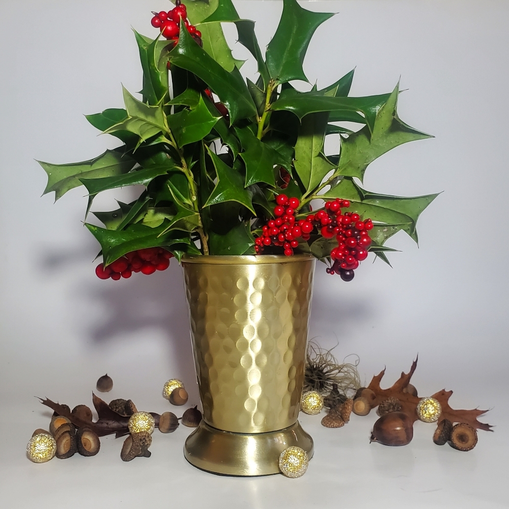 VINTAGE Hammered Gold Tone Metal, Heavyweight Vase | Cup, Felt Lined Base